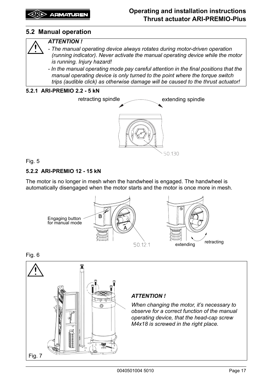 2 manual operation, 1 ari-premio 2.2 - 5 kn, 2 ari-premio 12 - 15 kn | ARI Armaturen ARI-PREMIO Plus EN User Manual | Page 17 / 50