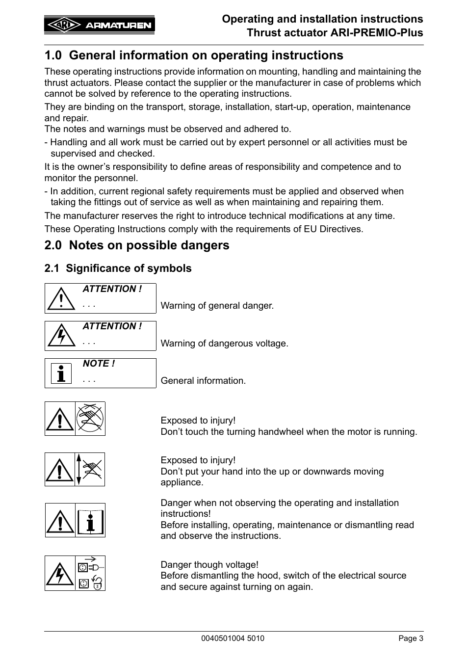 0 general information on operating instructions, 0 notes on possible dangers, 1 significance of symbols | ARI Armaturen ARI-PREMIO Plus EN User Manual | Page 3 / 50