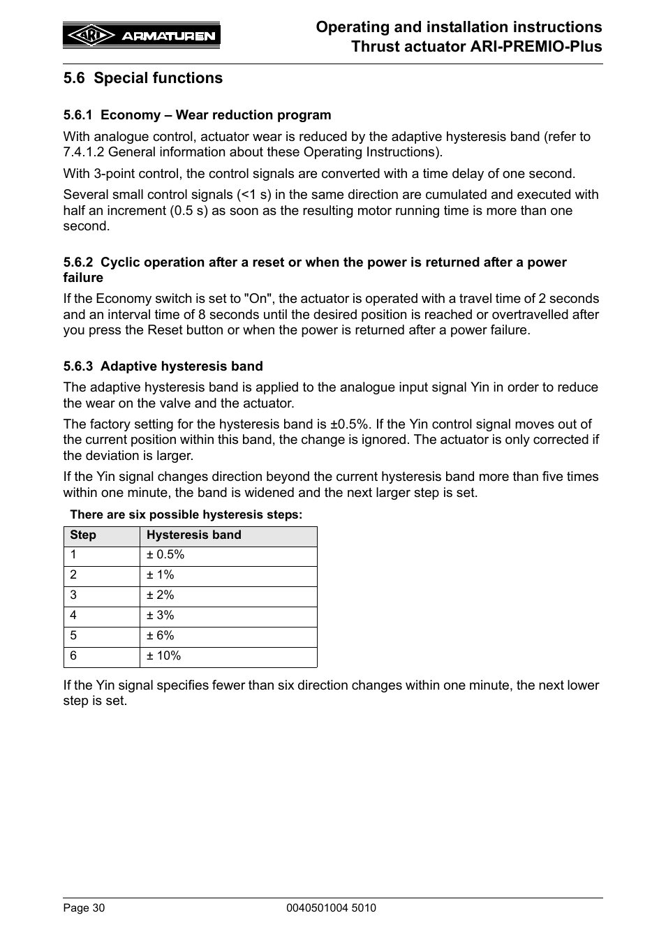 6 special functions, 1 economy - wear reduction program, 3 adaptive hysteresis band | ARI Armaturen ARI-PREMIO Plus EN User Manual | Page 30 / 50