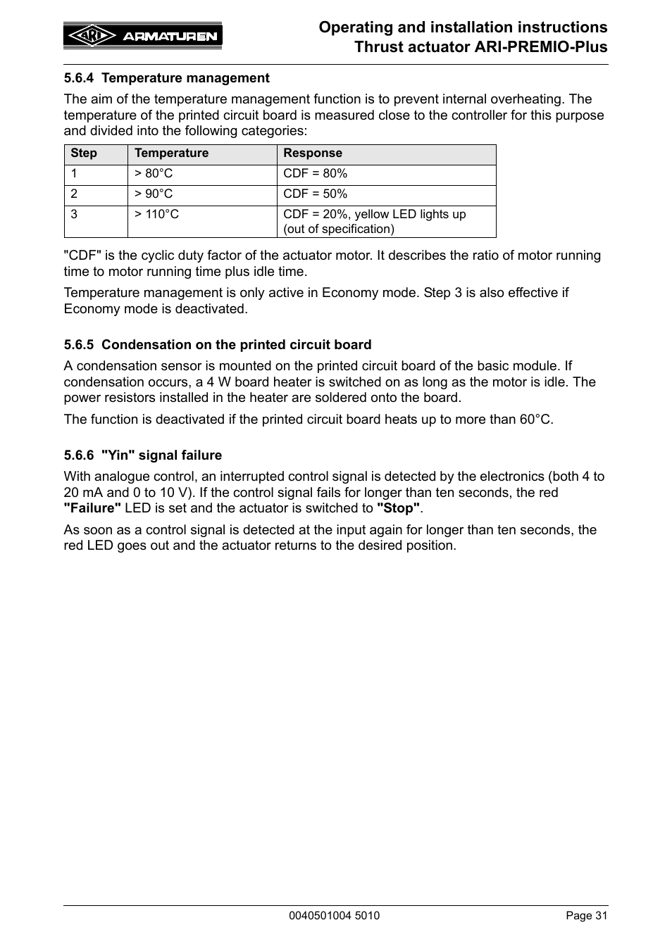 4 temperature management, 5 condensation on the printed circuit board, 6 "yin" signal failure | ARI Armaturen ARI-PREMIO Plus EN User Manual | Page 31 / 50