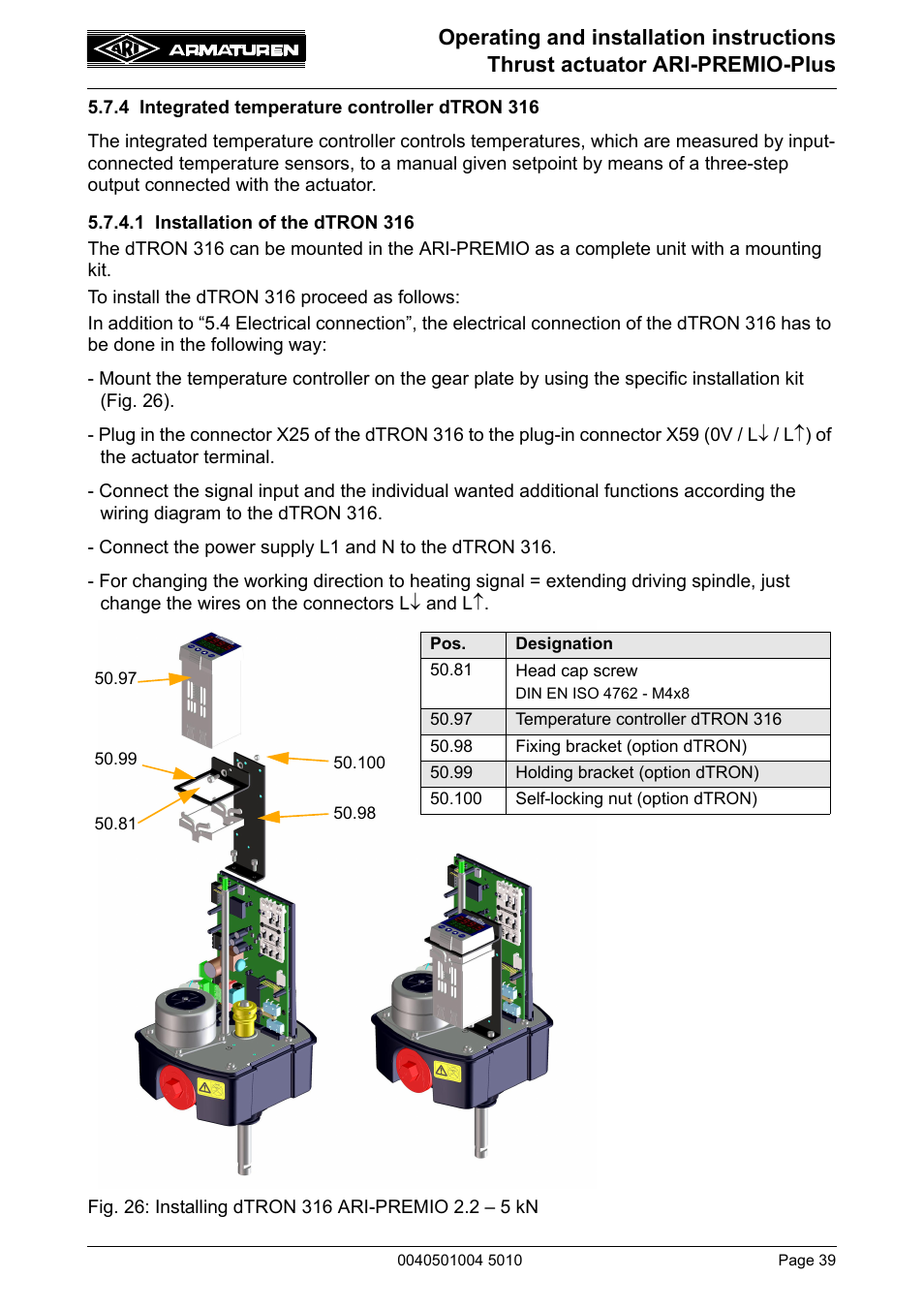 4 integrated temperature controller dtron 316 | ARI Armaturen ARI-PREMIO Plus EN User Manual | Page 39 / 50