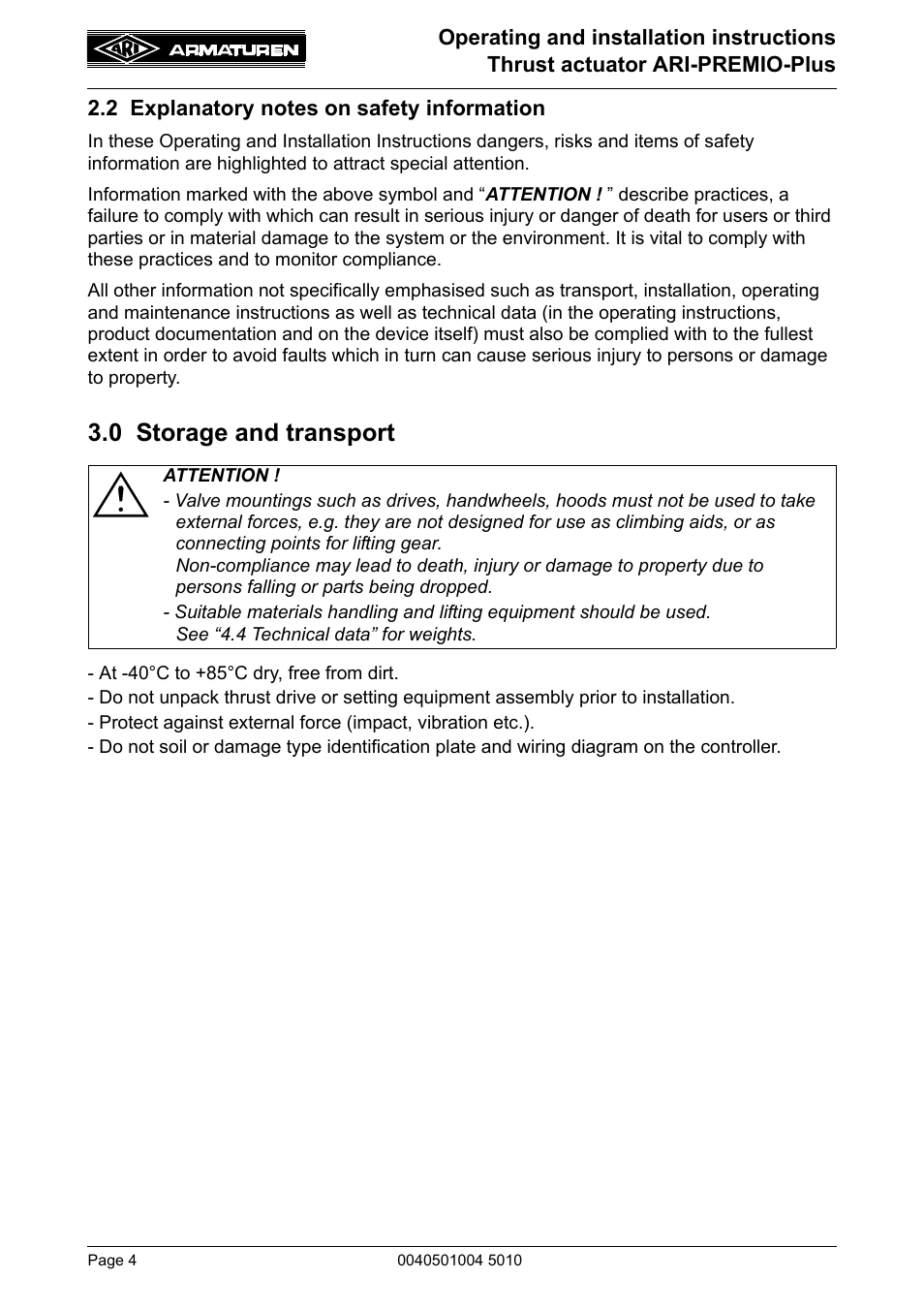 2 explanatory notes on safety information, 0 storage and transport | ARI Armaturen ARI-PREMIO Plus EN User Manual | Page 4 / 50