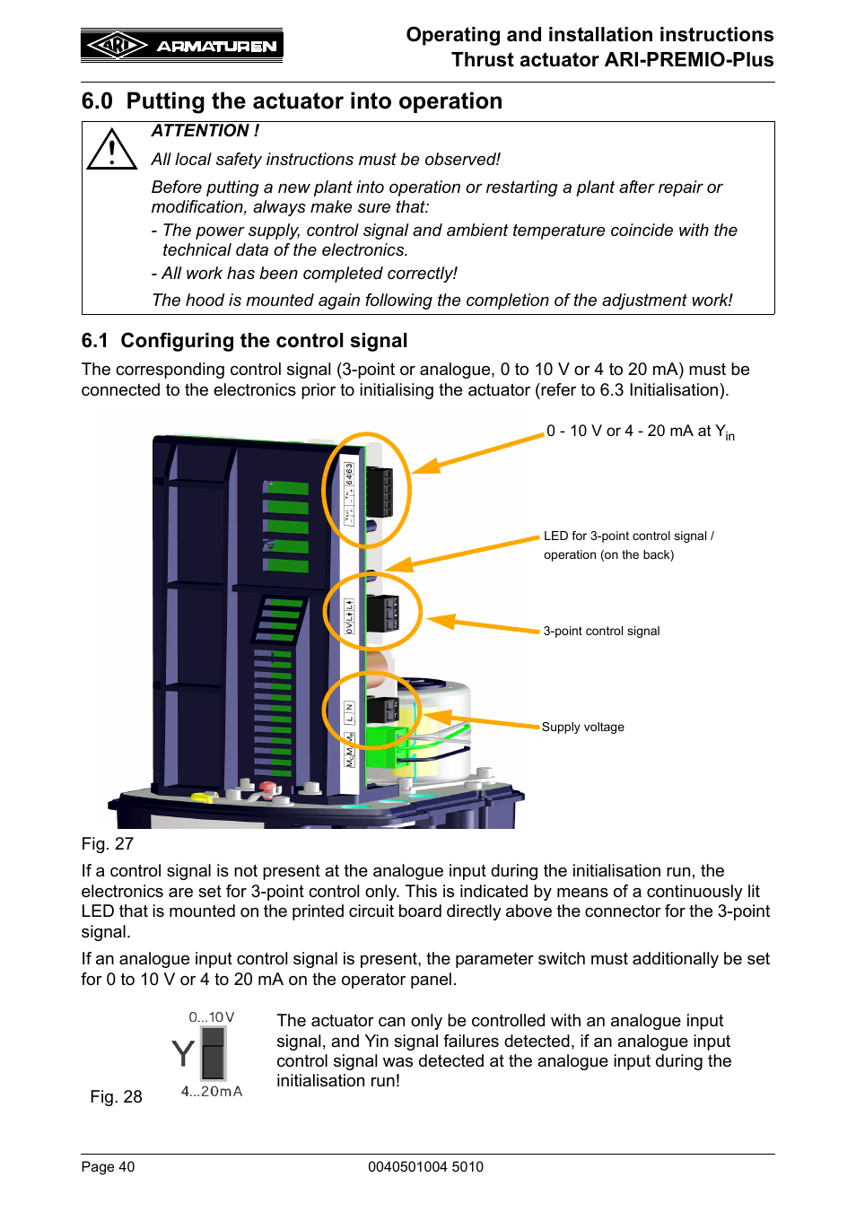 0 putting the actuator into operation, 1 configuring the control signal | ARI Armaturen ARI-PREMIO Plus EN User Manual | Page 40 / 50
