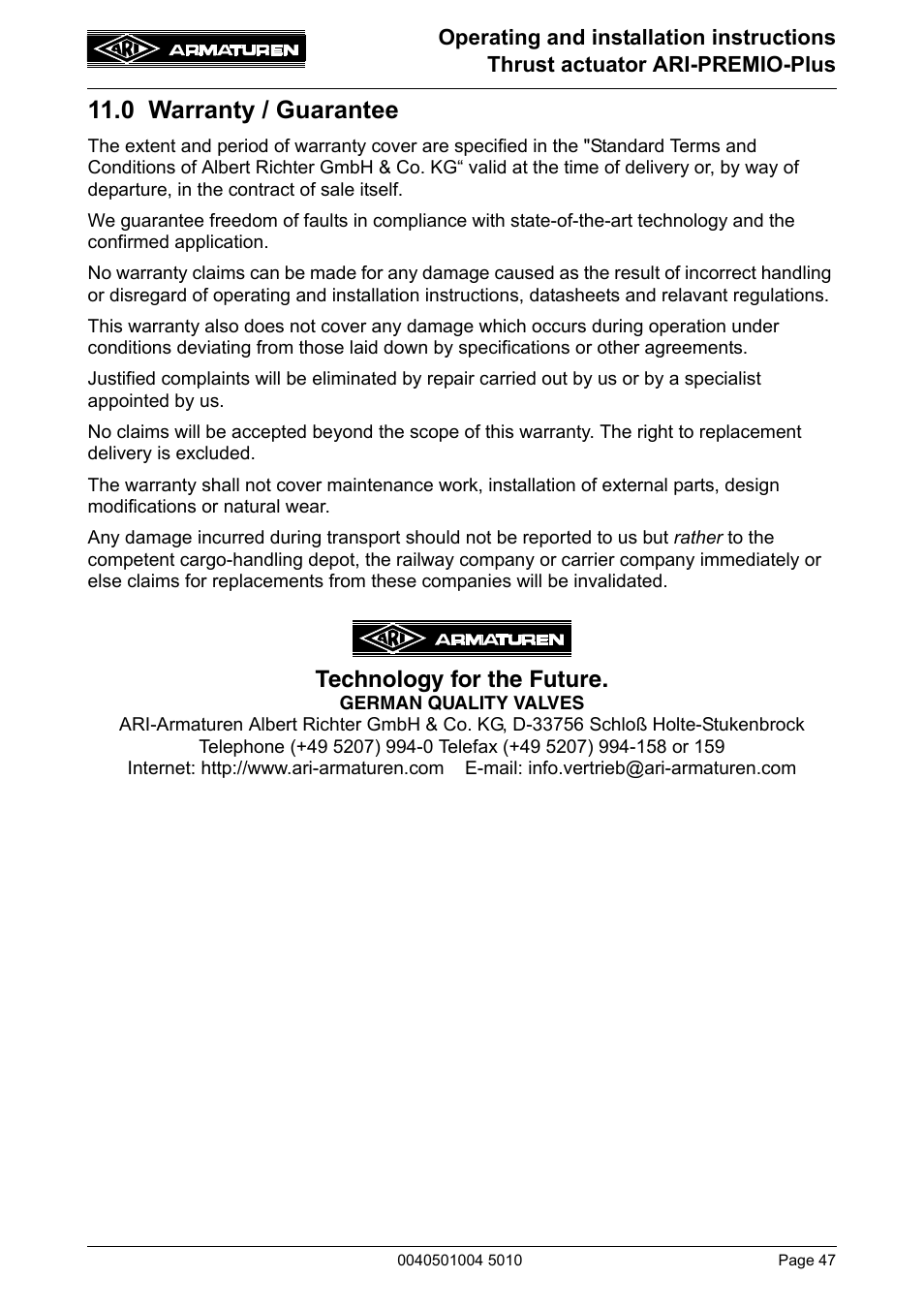 0 warranty / guarantee, Technology for the future | ARI Armaturen ARI-PREMIO Plus EN User Manual | Page 47 / 50