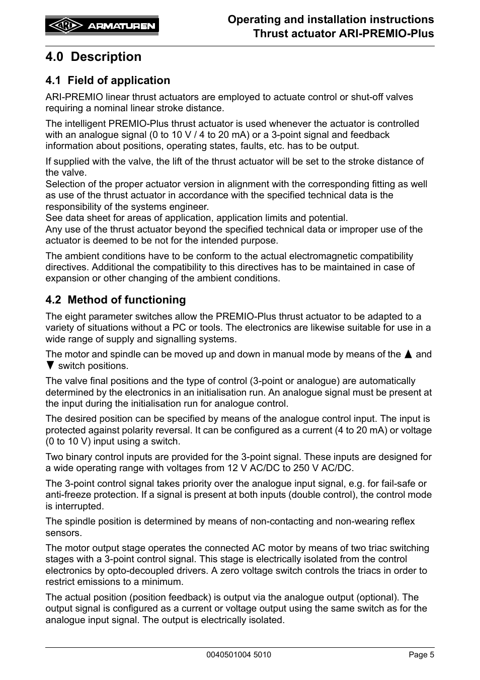 0 description, 1 field of application, 2 method of functioning | ARI Armaturen ARI-PREMIO Plus EN User Manual | Page 5 / 50
