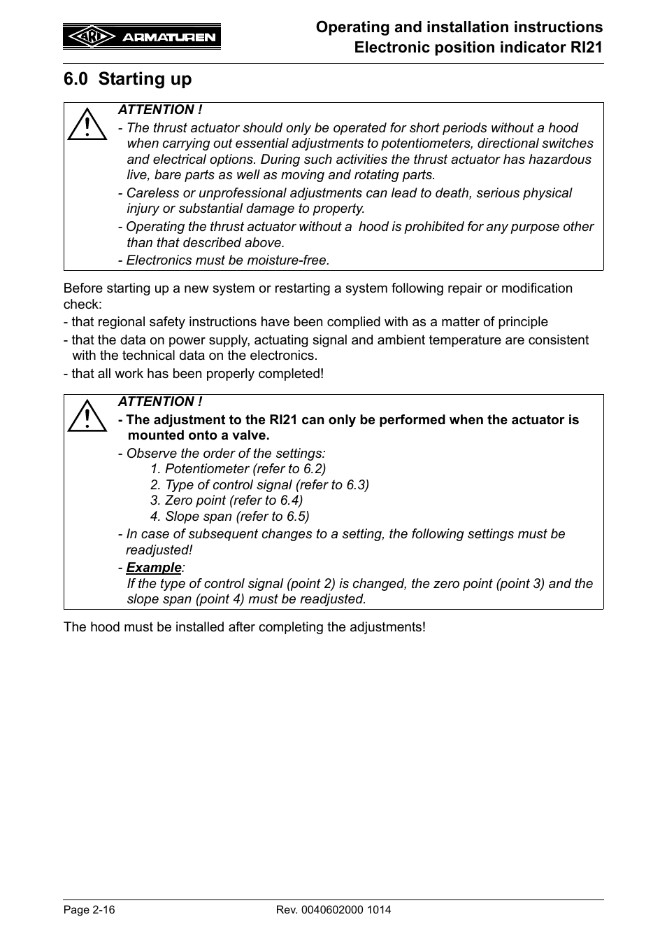 0 starting up | ARI Armaturen RI21 EN User Manual | Page 16 / 23