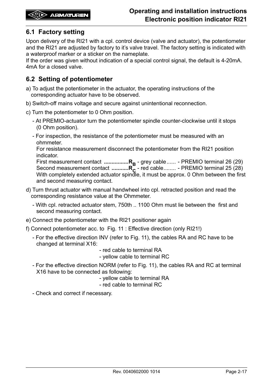 1 factory setting, 2 setting of potentiometer | ARI Armaturen RI21 EN User Manual | Page 17 / 23
