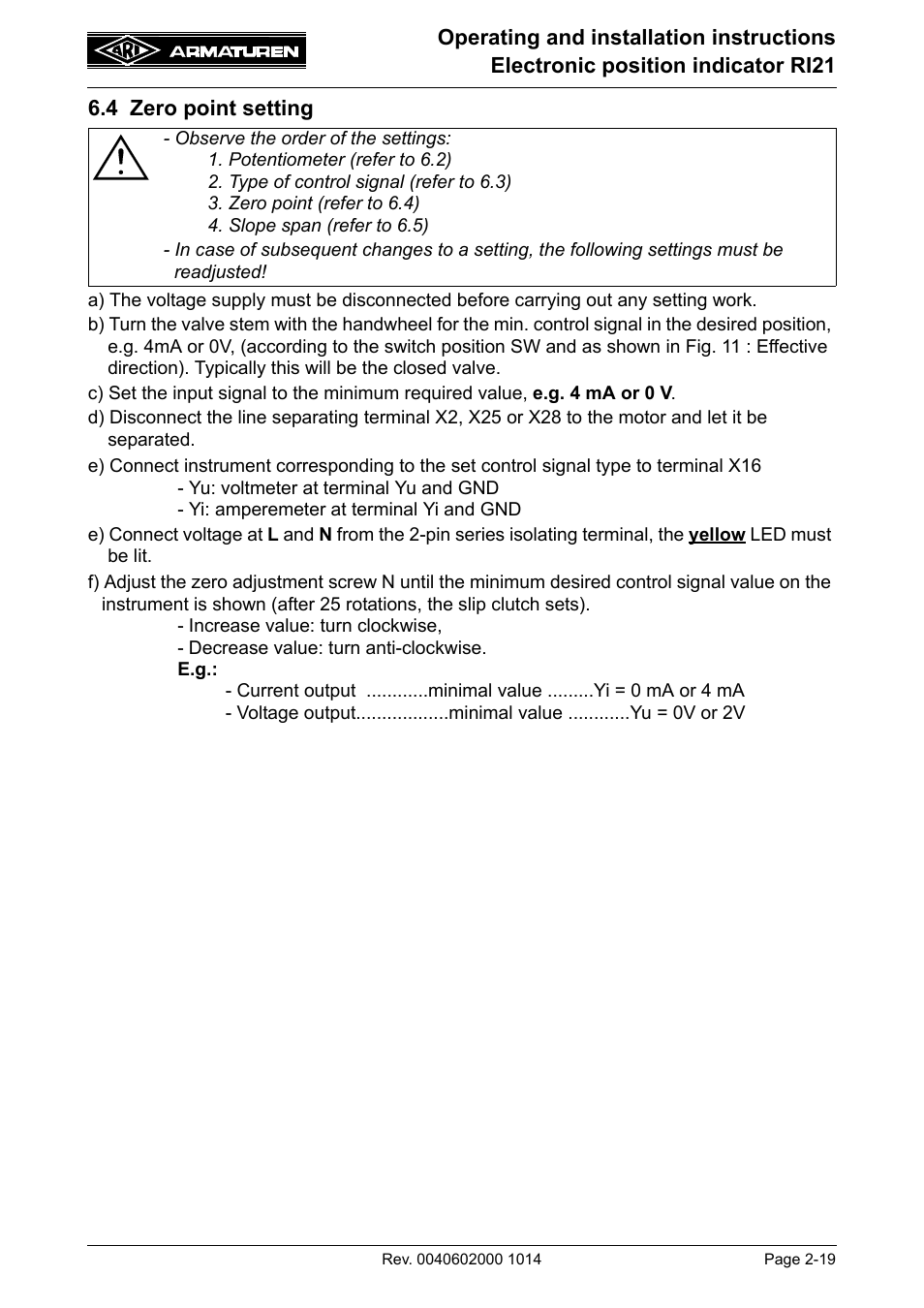 4 zero point setting, Efer to 6.4 | ARI Armaturen RI21 EN User Manual | Page 19 / 23