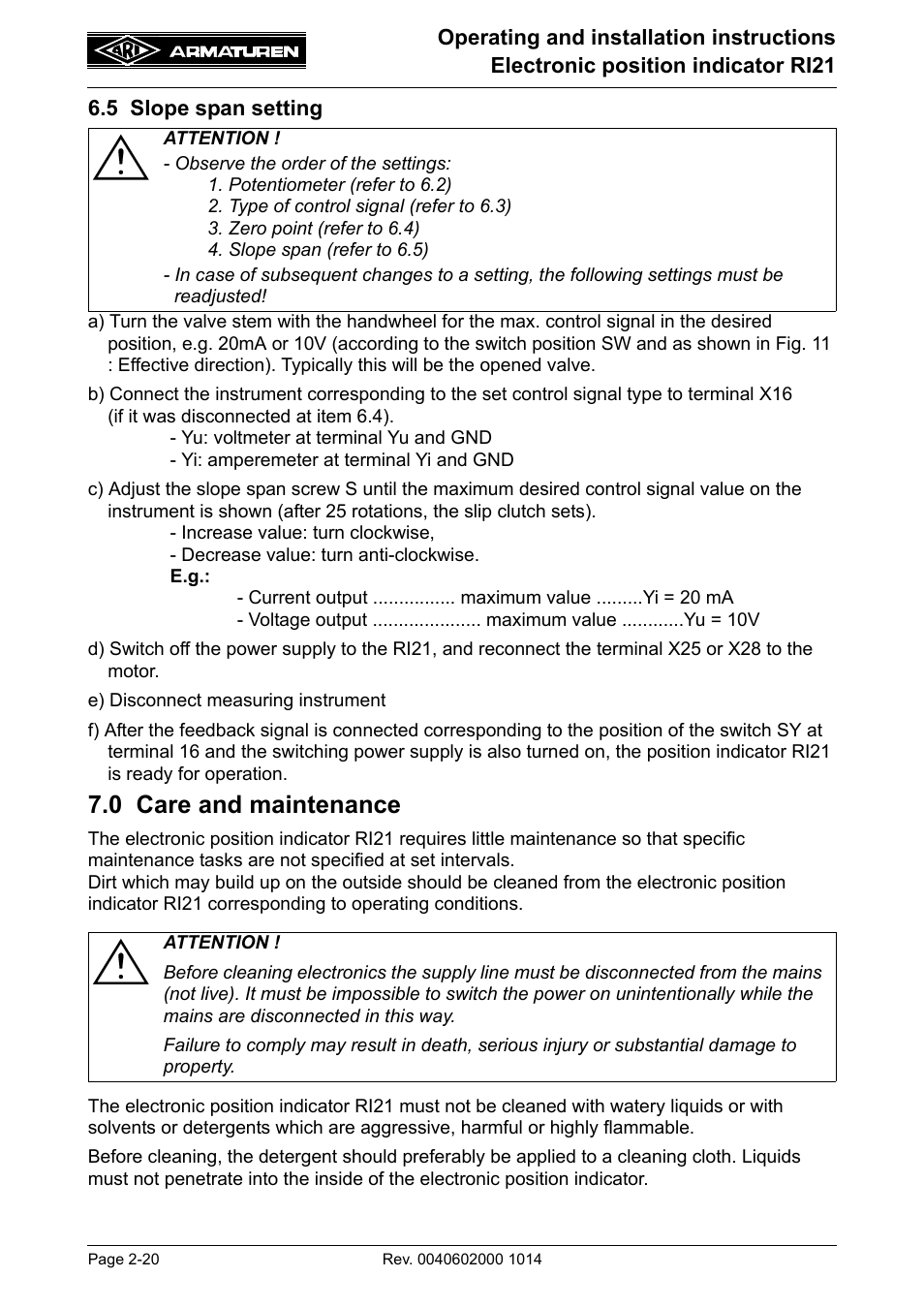 5 slope span setting, 0 care and maintenance | ARI Armaturen RI21 EN User Manual | Page 20 / 23