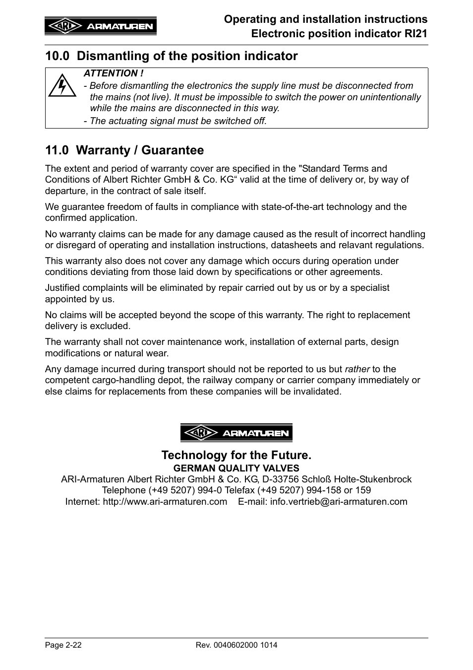 0 dismantling of the position indicator, 0 warranty / guarantee, 0 and 11.0 | Technology for the future | ARI Armaturen RI21 EN User Manual | Page 22 / 23