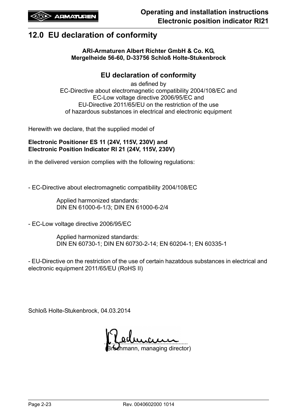 0 eu declaration of conformity | ARI Armaturen RI21 EN User Manual | Page 23 / 23