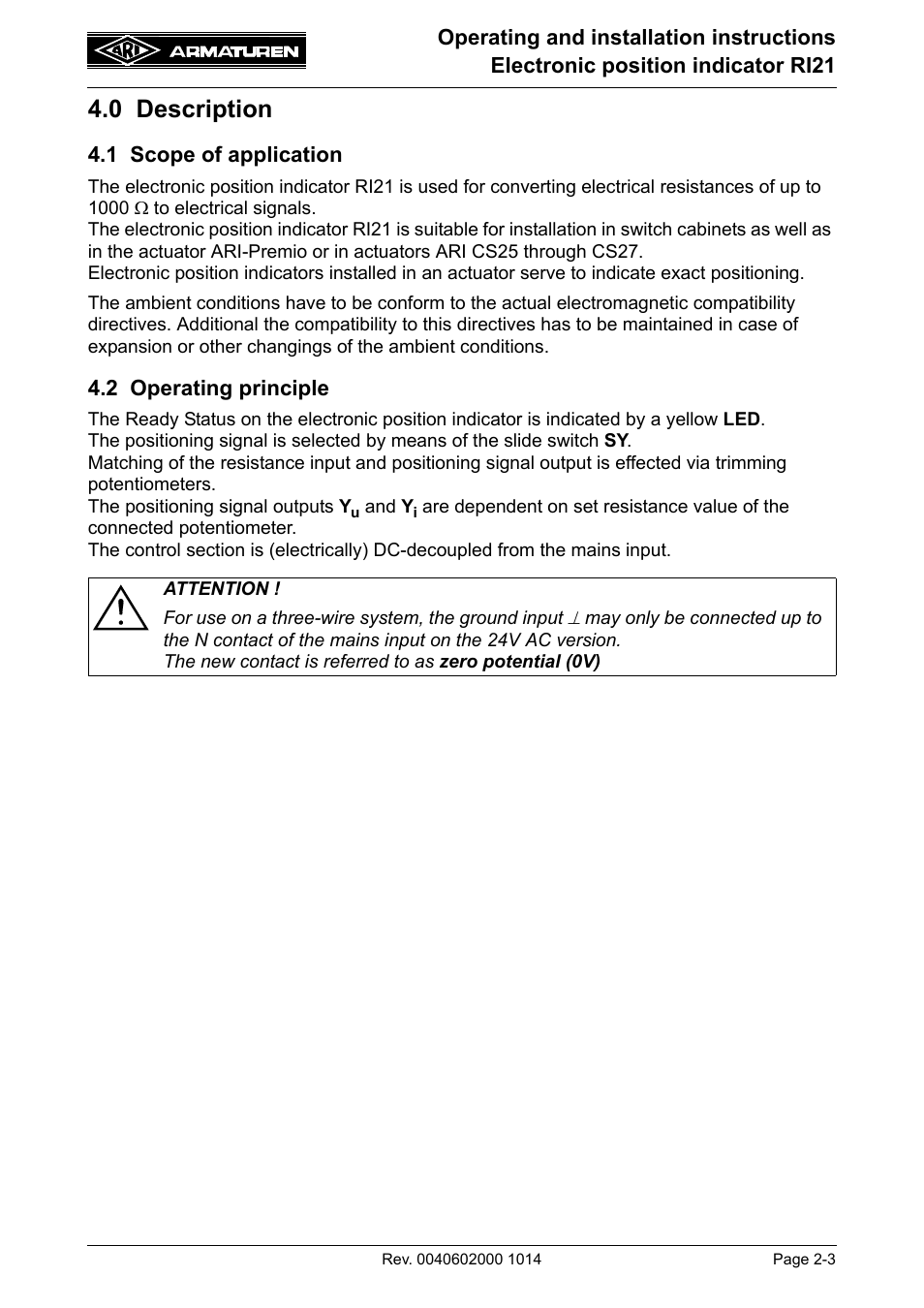 0 description, 1 scope of application, 2 operating principle | ARI Armaturen RI21 EN User Manual | Page 3 / 23