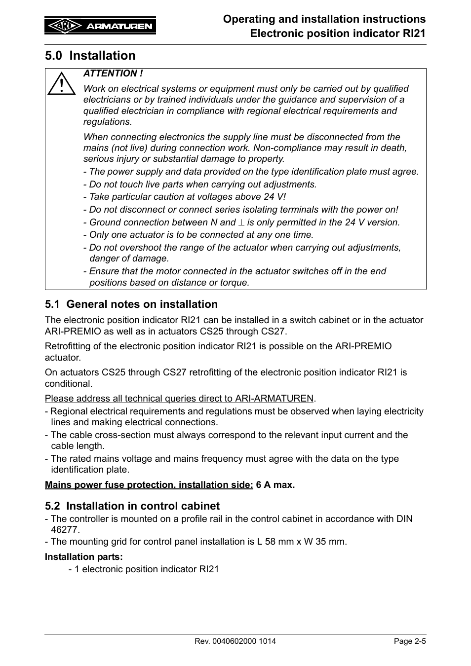 0 installation, 1 general notes on installation, 2 installation in control cabinet | ARI Armaturen RI21 EN User Manual | Page 5 / 23