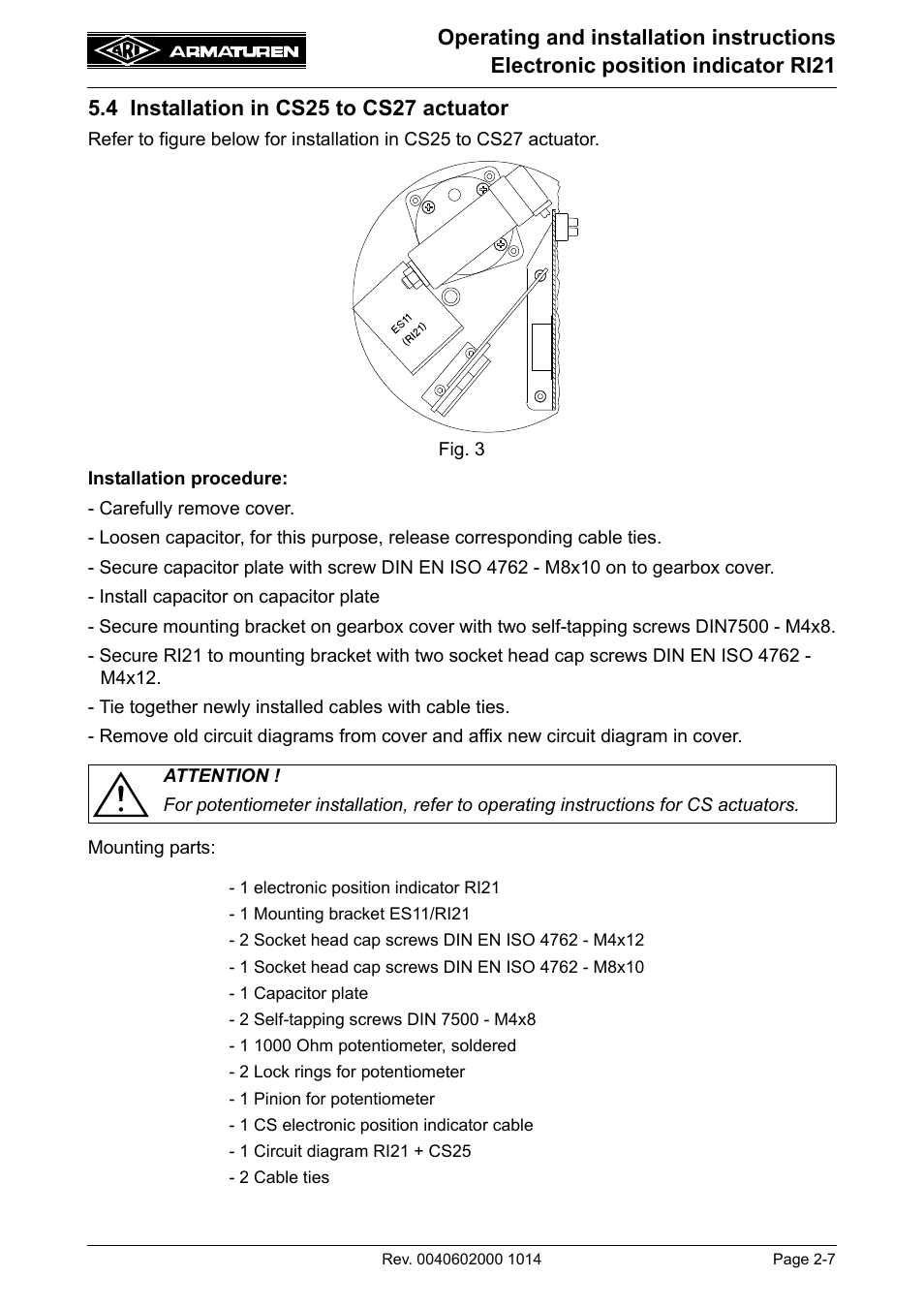 4 installation in cs25 to cs27 actuator | ARI Armaturen RI21 EN User Manual | Page 7 / 23