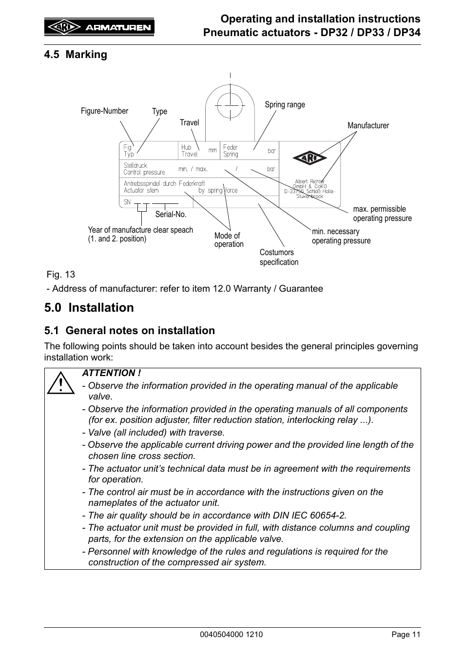 5 marking, 0 installation, 1 general notes on installation | ARI Armaturen DP34 EN User Manual | Page 11 / 28