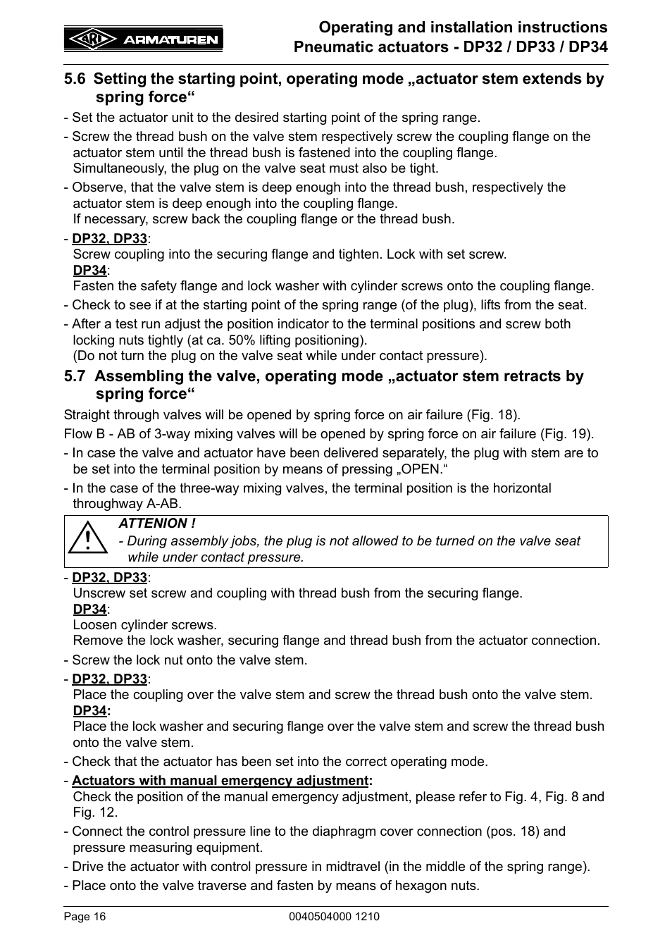 6 setting the starting point, operating mode, Actuator stem extends by spring force, 7 assembling the valve, operating mode | Actuator stem retracts by spring force | ARI Armaturen DP34 EN User Manual | Page 16 / 28