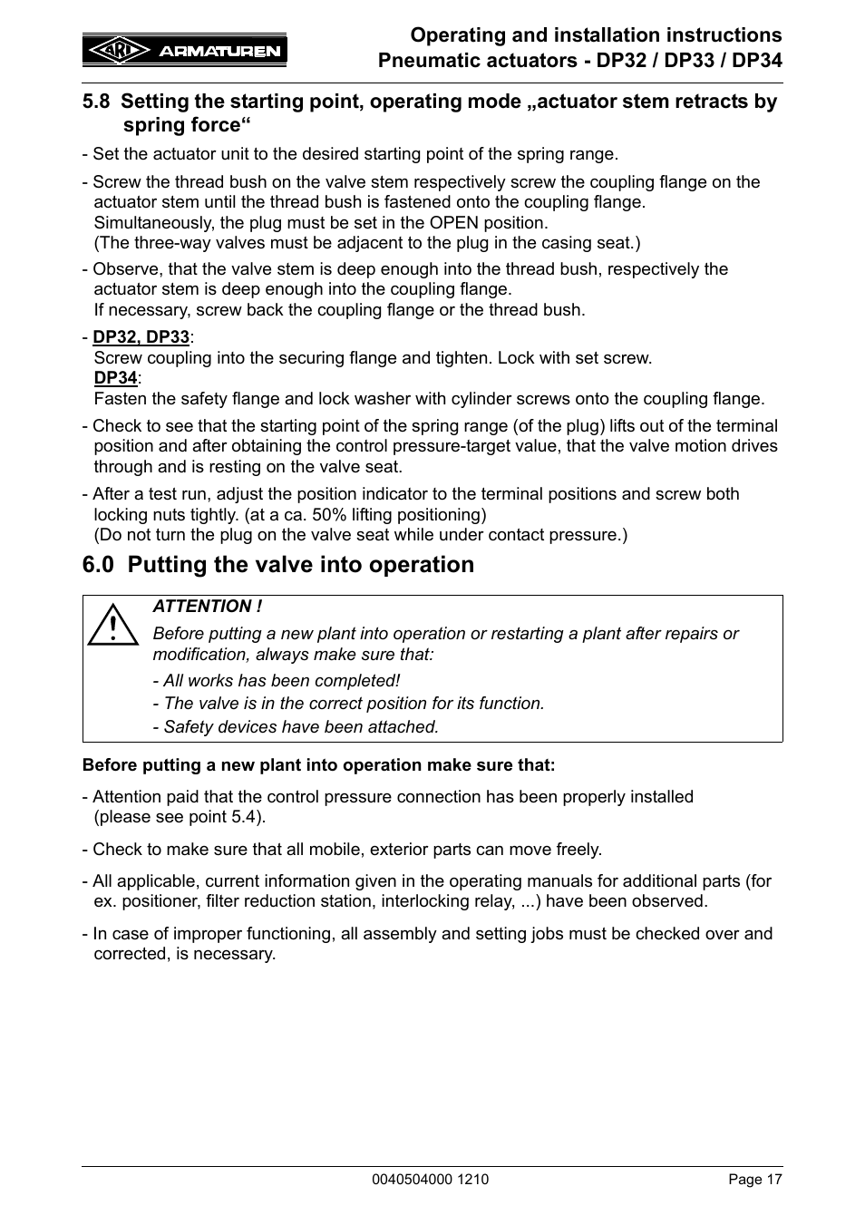 0 putting the valve into operation, 8 setting the starting point, operating mode, Actuator stem retracts by spring force | ARI Armaturen DP34 EN User Manual | Page 17 / 28