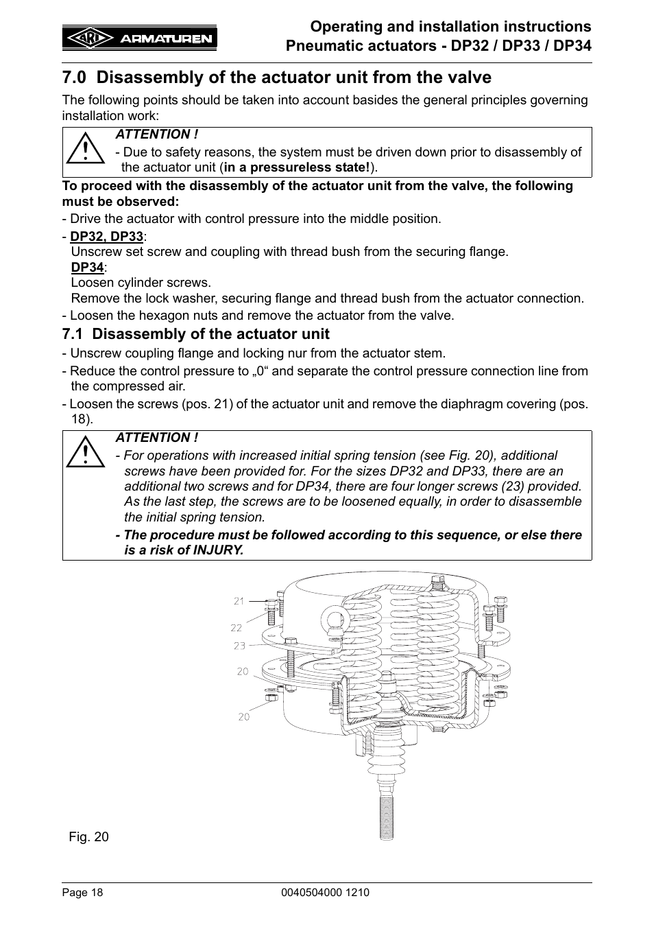 0 disassembly of the actuator unit from the valve, 1 disassembly of the actuator unit, 0 disassembly of the actuator unit | From the valve | ARI Armaturen DP34 EN User Manual | Page 18 / 28