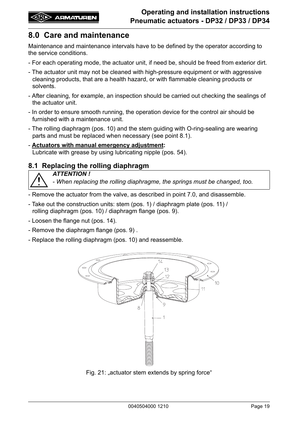0 care and maintenance, 1 replacing the rolling diaphragm | ARI Armaturen DP34 EN User Manual | Page 19 / 28