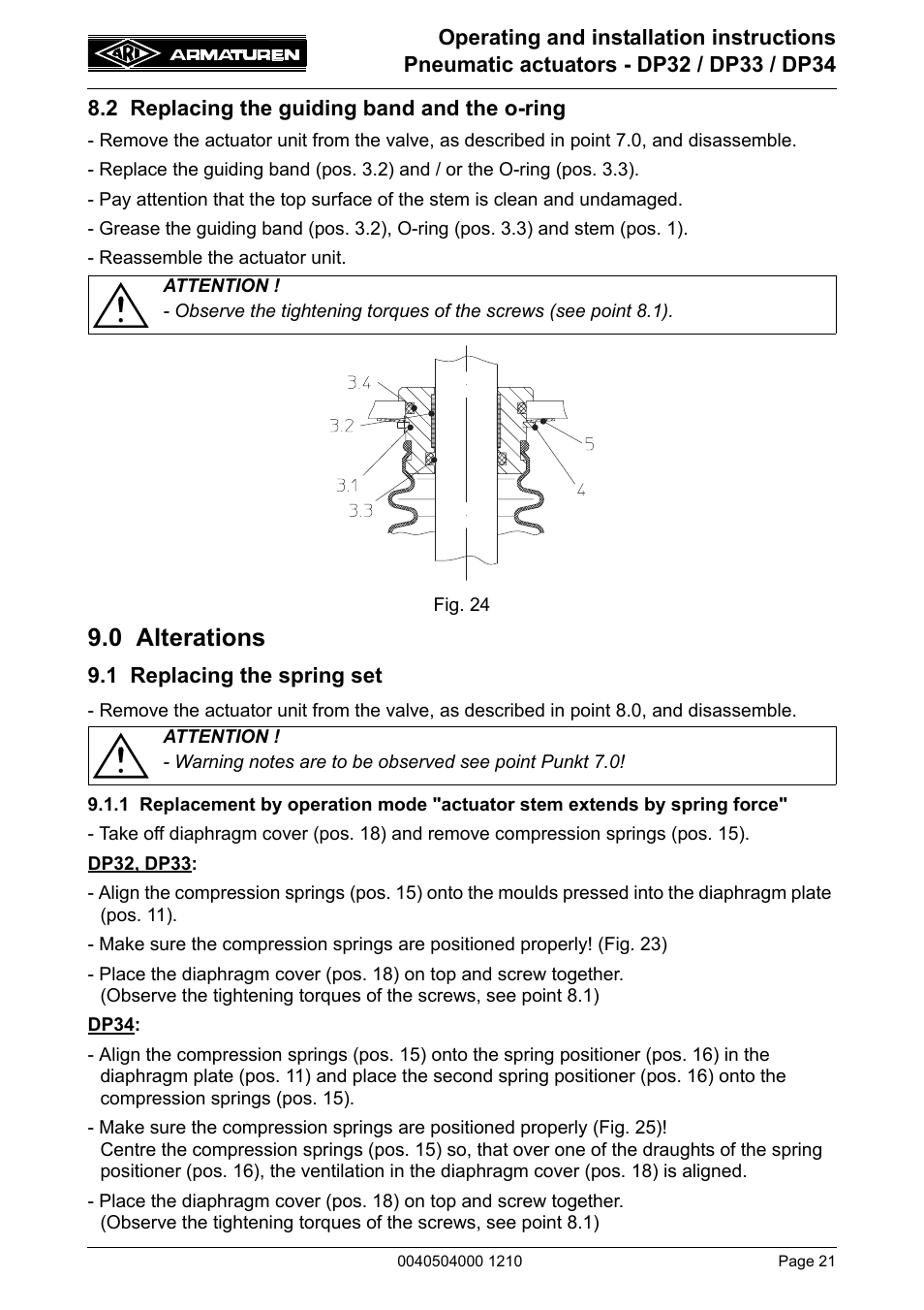2 replacing the guiding band and the o-ring, 0 alterations, 1 replacing the spring set | 0 alterati, 1 rep | ARI Armaturen DP34 EN User Manual | Page 21 / 28