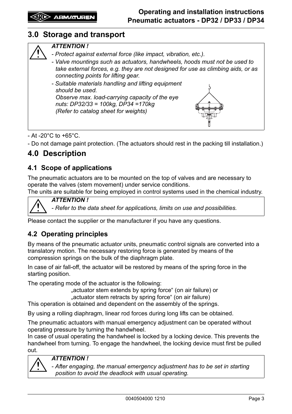 0 storage and transport, 0 description, 1 scope of applications | 2 operating principles, 0 storage and transport 4.0 description, 1 scope of applications 4.2 operating principles | ARI Armaturen DP34 EN User Manual | Page 3 / 28