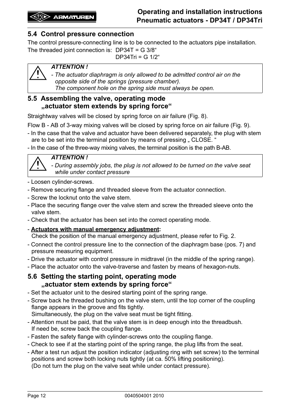 4 control pressure connection, 5 assembling the valve, operating mode, Actuator stem extends by spring force | 6 setting the starting point, operating mode | ARI Armaturen DP34 Tridem EN User Manual | Page 12 / 18