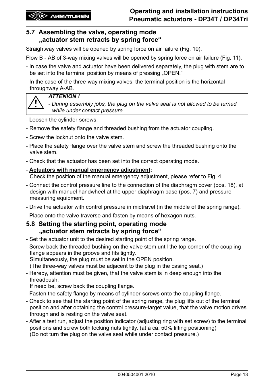 7 assembling the valve, operating mode, Actuator stem retracts by spring force, 8 setting the starting point, operating mode | ARI Armaturen DP34 Tridem EN User Manual | Page 13 / 18