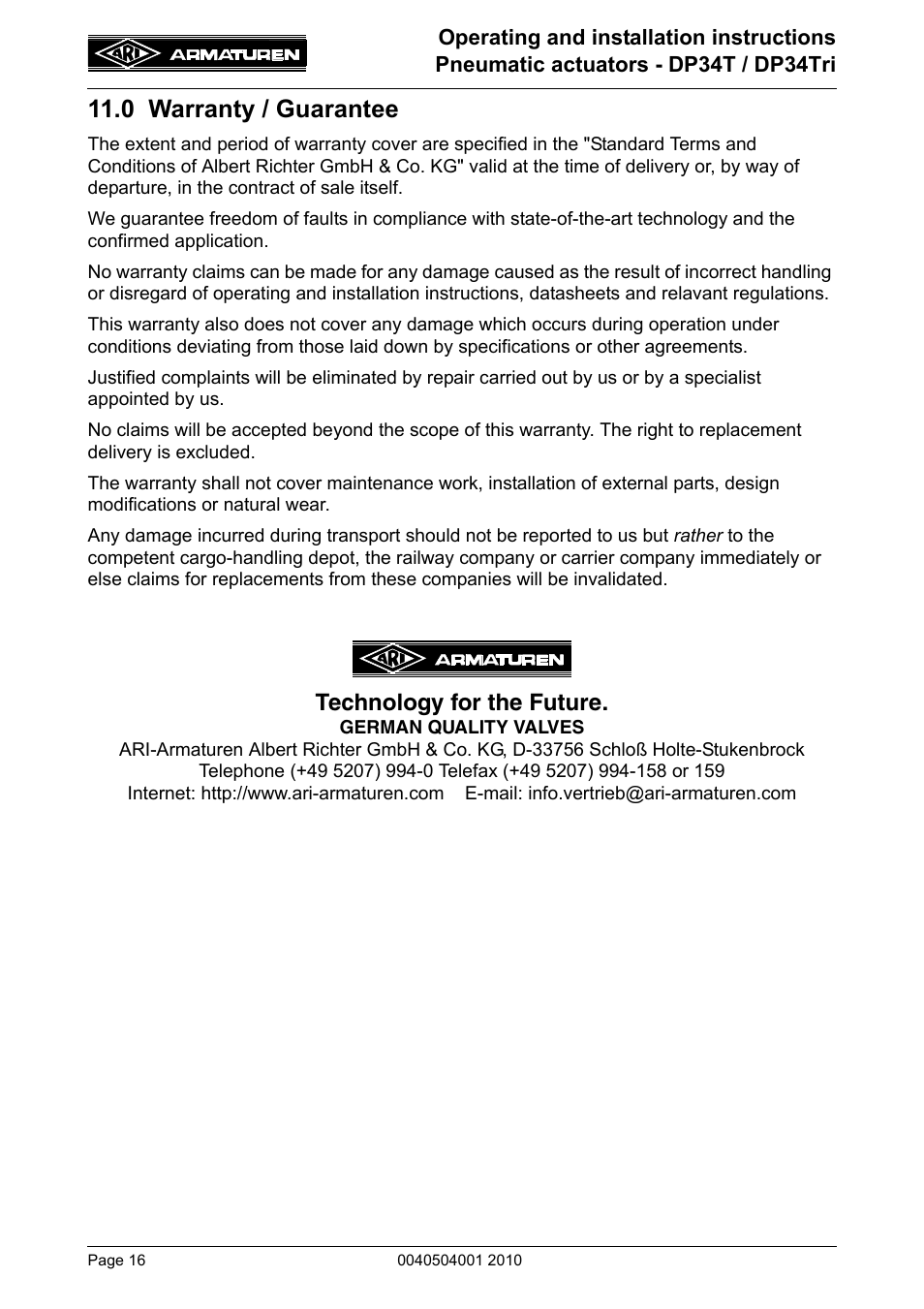 0 warranty / guarantee, Technology for the future | ARI Armaturen DP34 Tridem EN User Manual | Page 16 / 18