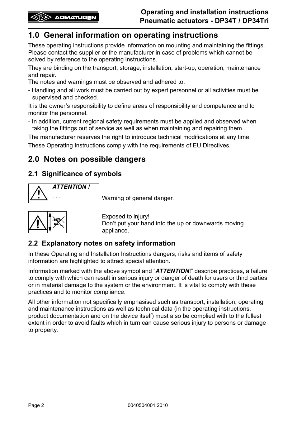 0 general information on operating instructions, 0 notes on possible dangers, 1 significance of symbols | 2 explanatory notes on safety information, 0 general information on, Operating instructions | ARI Armaturen DP34 Tridem EN User Manual | Page 2 / 18
