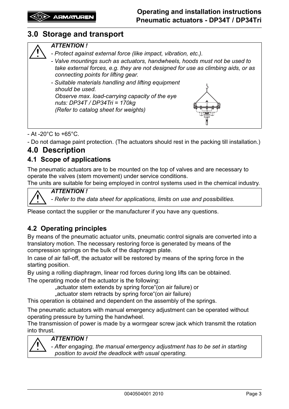 0 storage and transport, 0 description, 1 scope of applications | 2 operating principles, 0 storage and transport 4.0 description, 1 scope of applications 4.2 operating principles | ARI Armaturen DP34 Tridem EN User Manual | Page 3 / 18