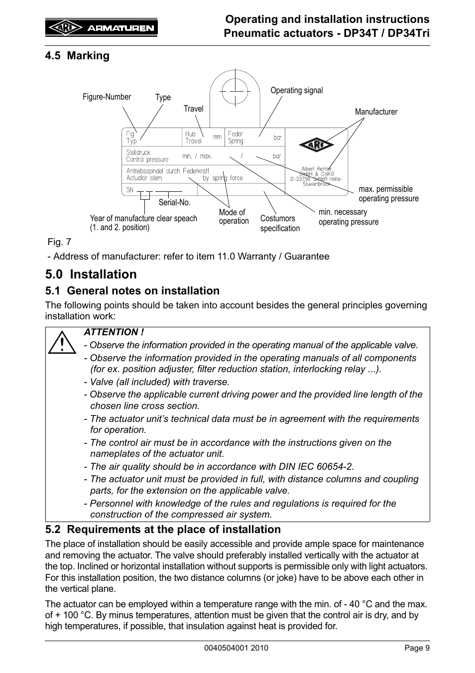 5 marking, 0 installation, 1 general notes on installation | 2 requirements at the place of installation | ARI Armaturen DP34 Tridem EN User Manual | Page 9 / 18