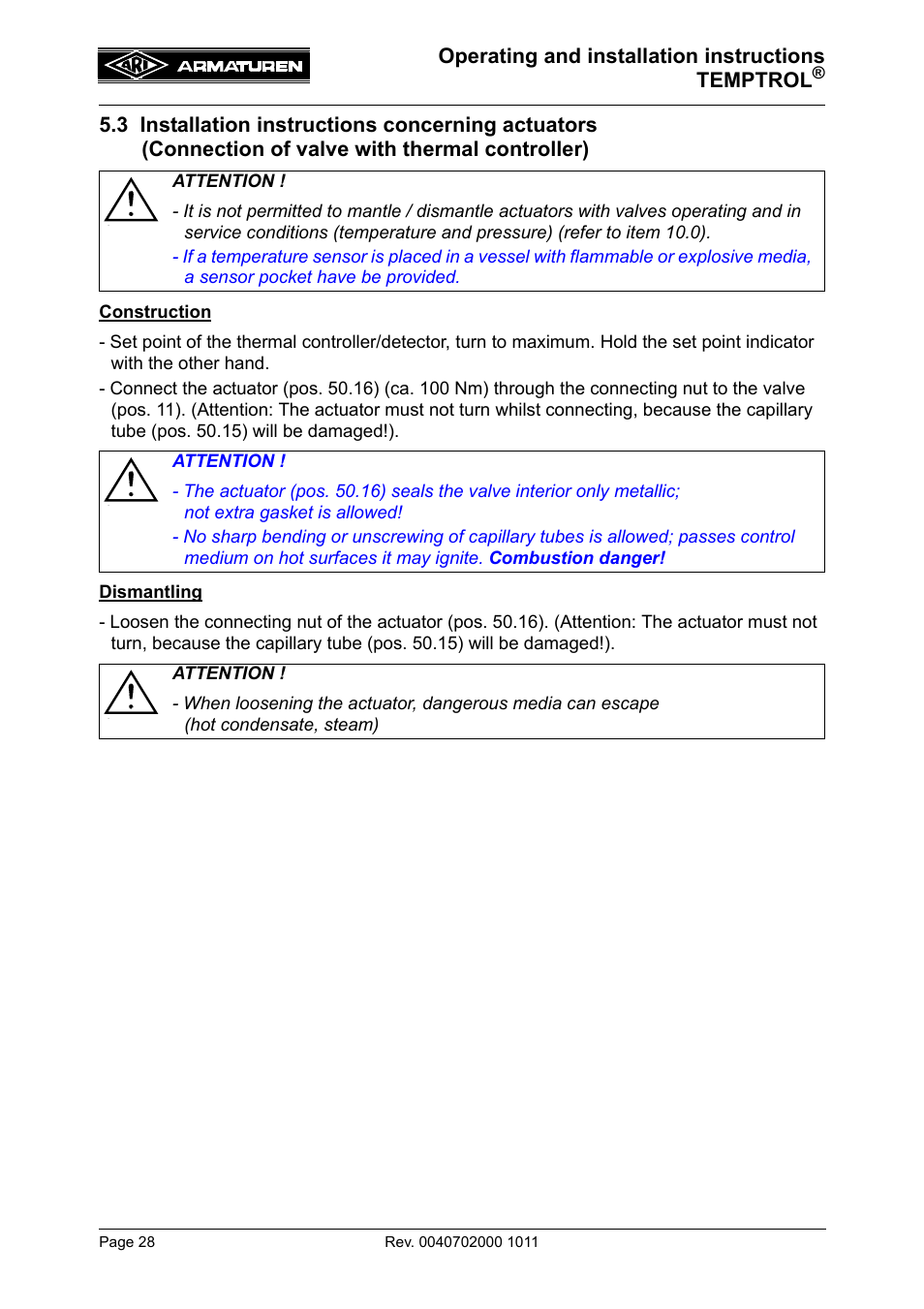 3 installation instructions concerning actuators, Connection of valve with thermal controller), Operating and installation instructions temptrol | ARI Armaturen TEMPTROL 774 EN User Manual | Page 10 / 17