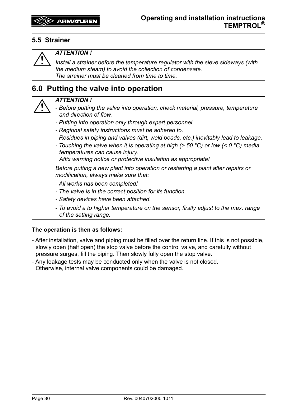 5 strainer, 0 putting the valve into operation | ARI Armaturen TEMPTROL 774 EN User Manual | Page 12 / 17