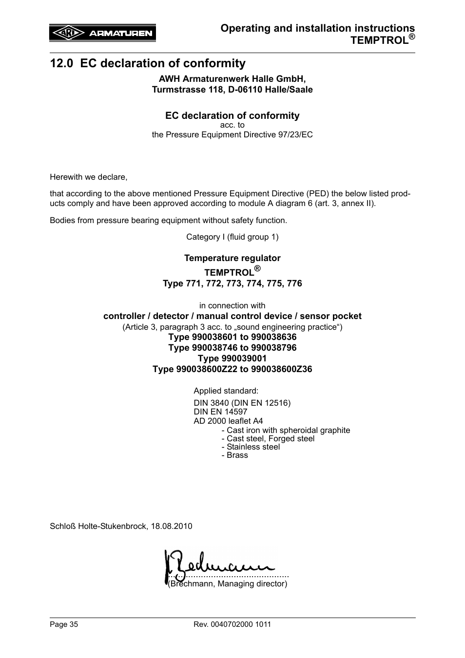 0 ec declaration of conformity | ARI Armaturen TEMPTROL 774 EN User Manual | Page 17 / 17