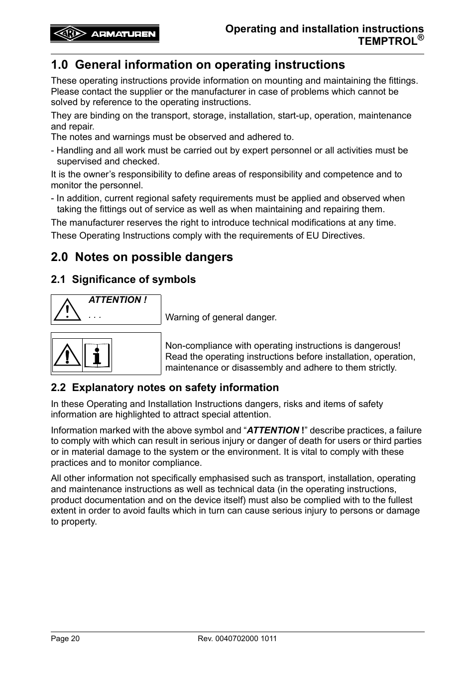 0 general information on operating instructions, 0 notes on possible dangers, 1 significance of symbols | 2 explanatory notes on safety information | ARI Armaturen TEMPTROL 774 EN User Manual | Page 2 / 17