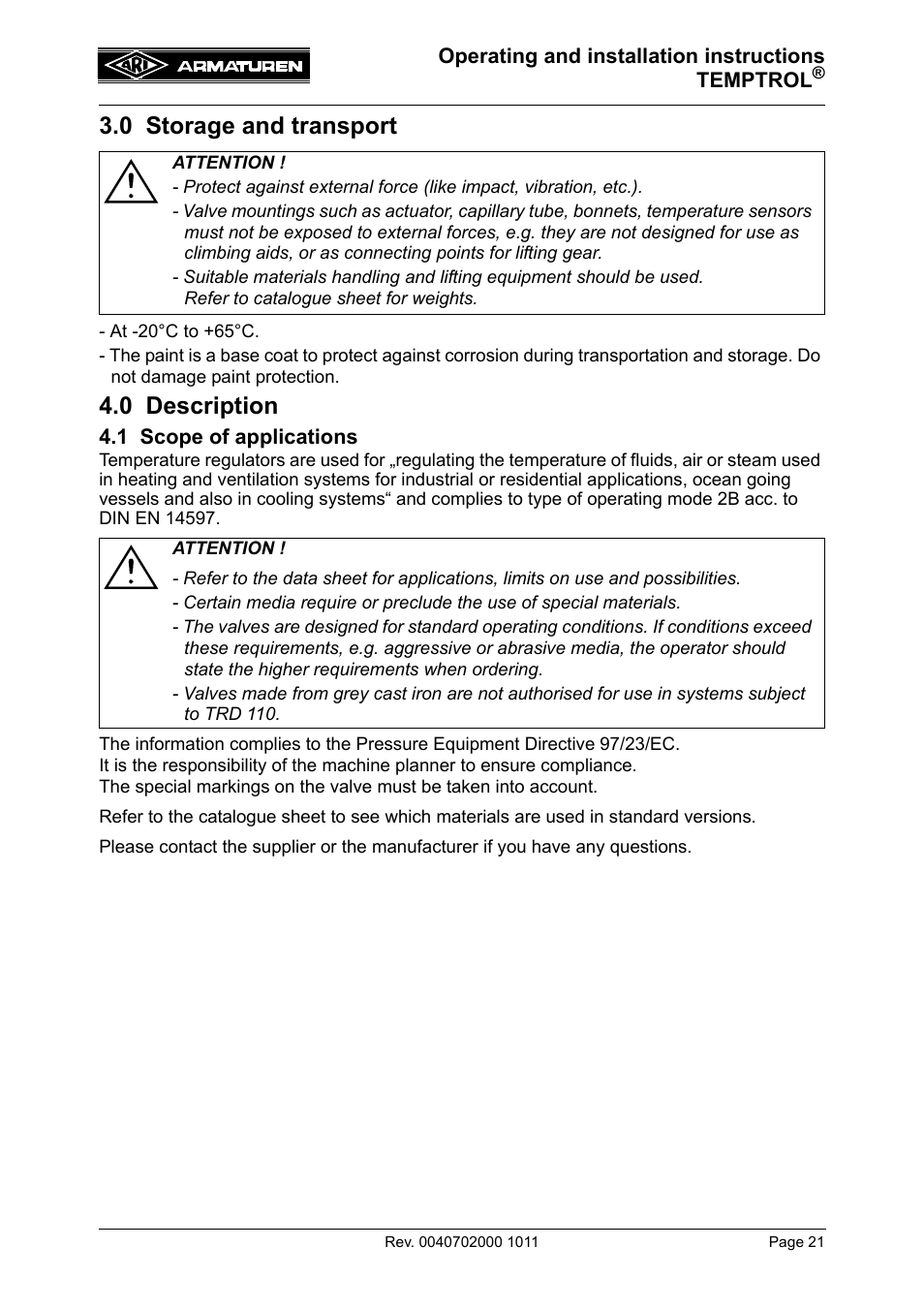 0 storage and transport, 0 description, 1 scope of applications | 0 storage and transport 4.0 description | ARI Armaturen TEMPTROL 774 EN User Manual | Page 3 / 17