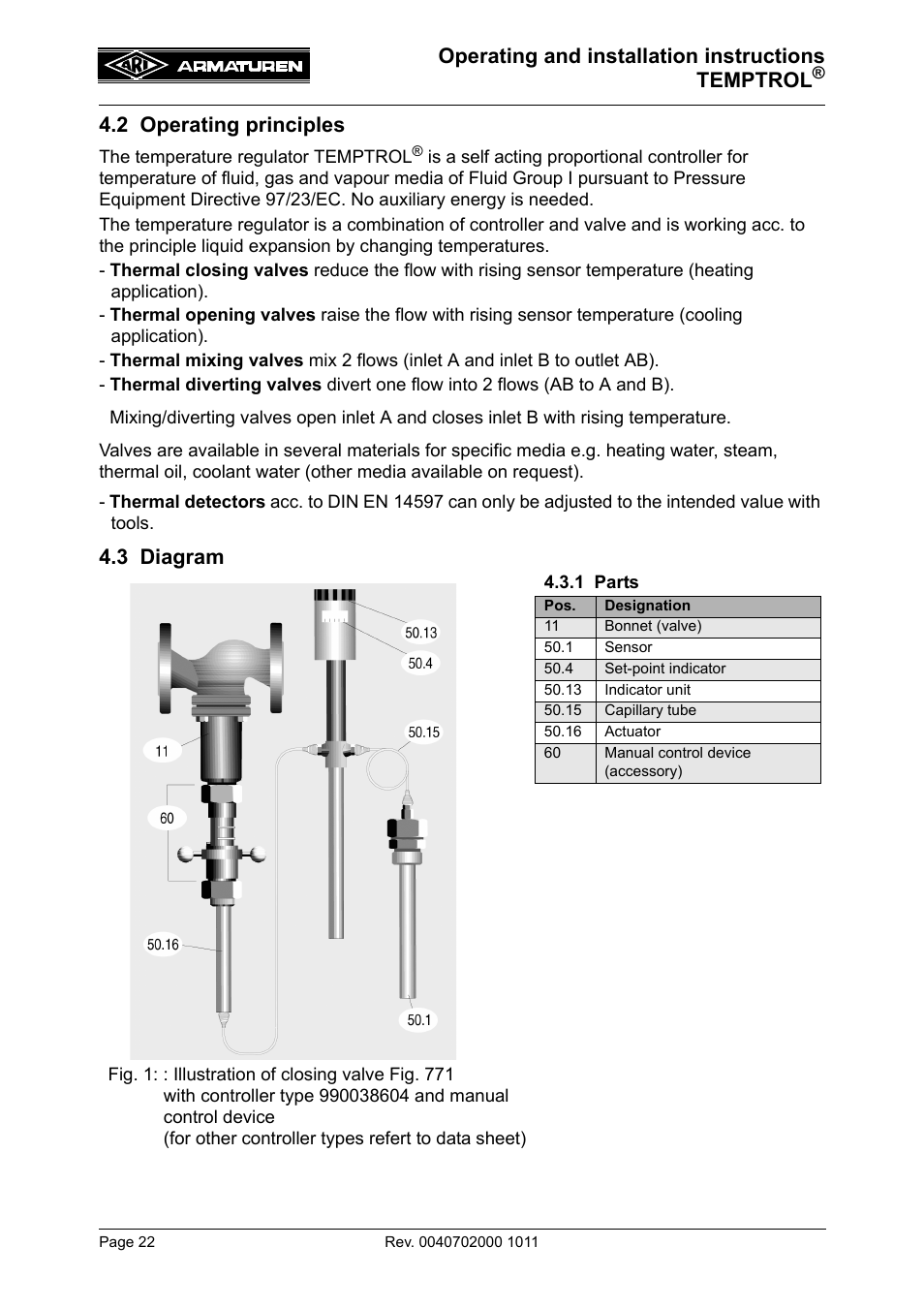 2 operating principles, 3 diagram, 1 parts | 2 operating principles 4.3 diagram, Operating and installation instructions temptrol | ARI Armaturen TEMPTROL 774 EN User Manual | Page 4 / 17