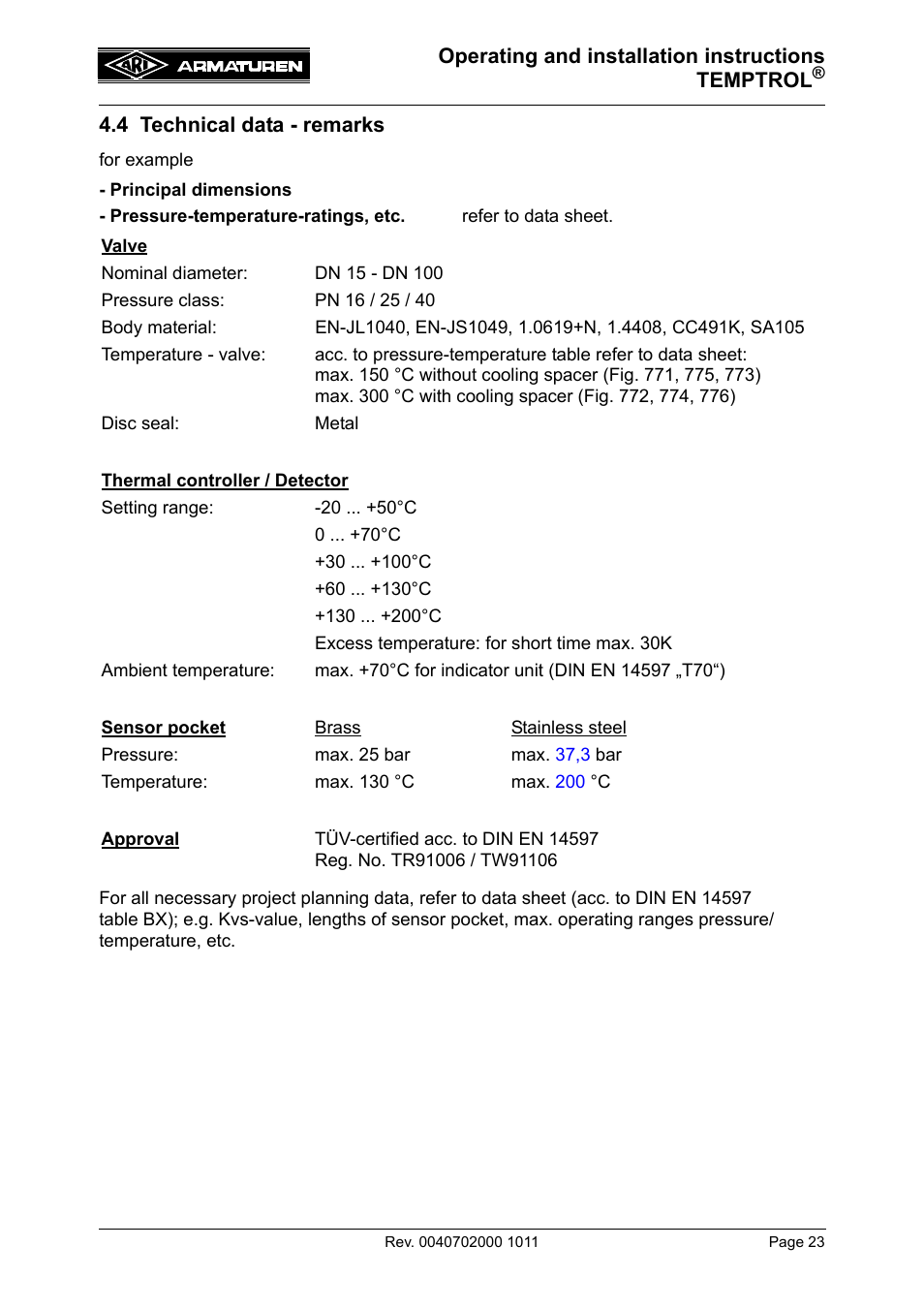 4 technical data - remarks | ARI Armaturen TEMPTROL 774 EN User Manual | Page 5 / 17