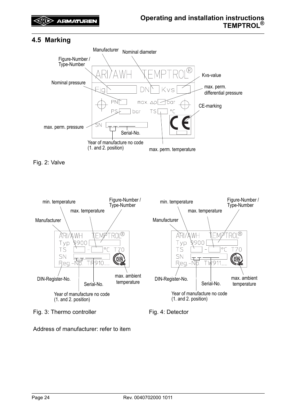 5 marking, Operating and installation instructions temptrol | ARI Armaturen TEMPTROL 774 EN User Manual | Page 6 / 17