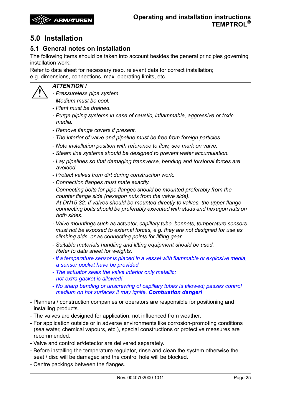 0 installation, 1 general notes on installation | ARI Armaturen TEMPTROL 774 EN User Manual | Page 7 / 17