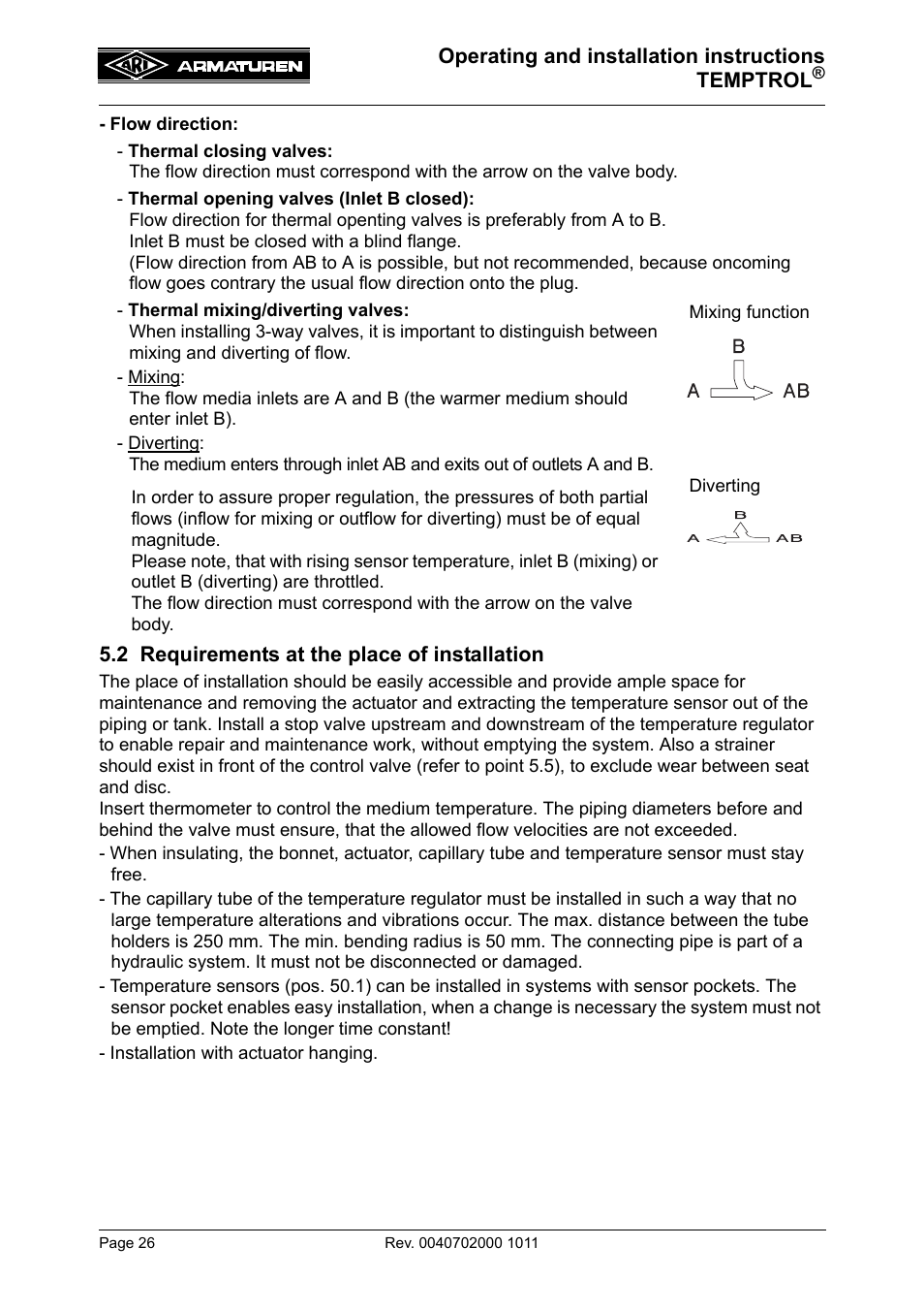 2 requirements at the place of installation | ARI Armaturen TEMPTROL 774 EN User Manual | Page 8 / 17