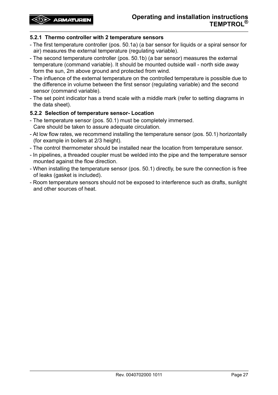 1 thermo controller with 2 temperature sensors, 2 selection of temperature sensor- location | ARI Armaturen TEMPTROL 774 EN User Manual | Page 9 / 17