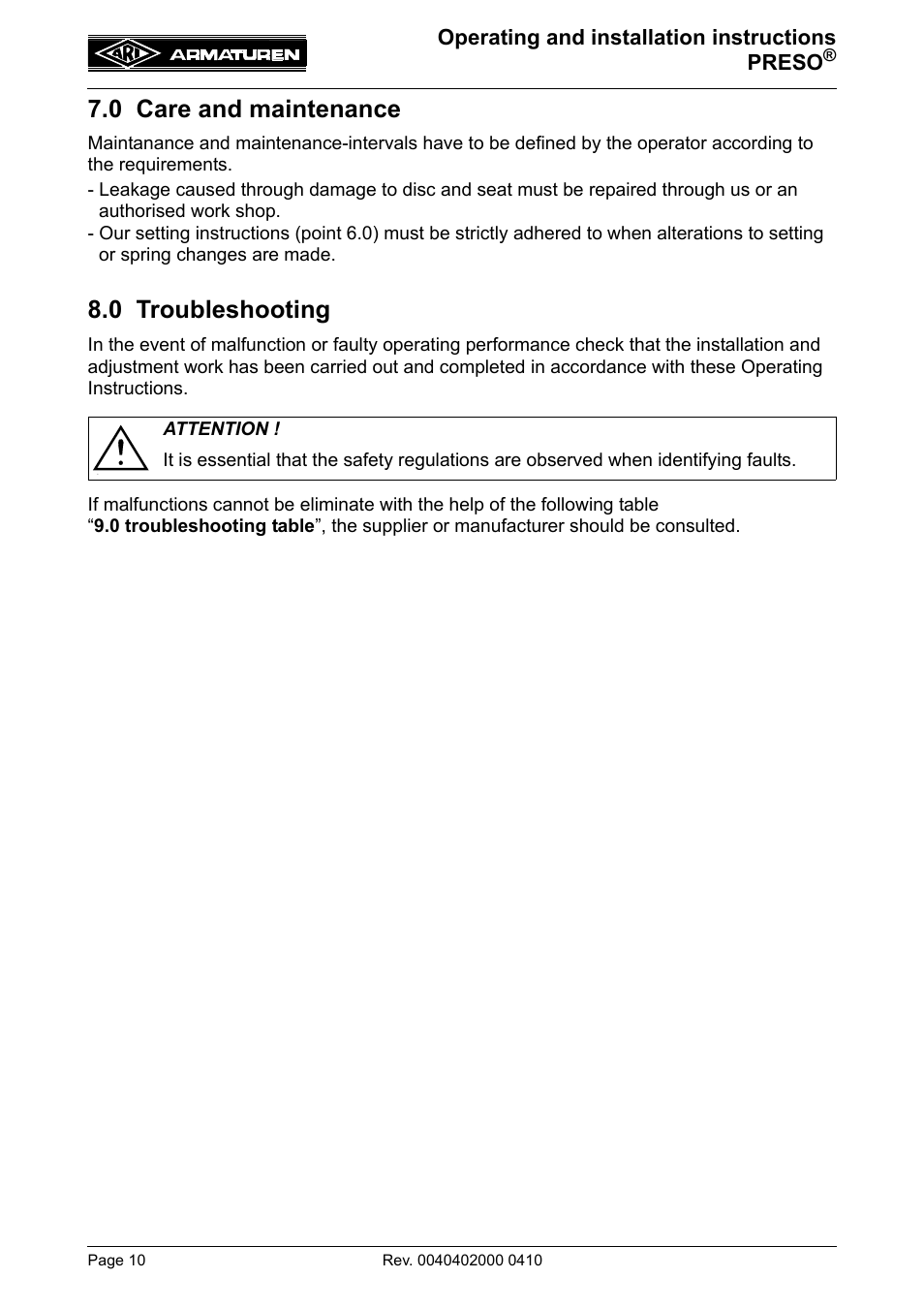 0 care and maintenance, 0 troubleshooting, 0 care and maintenance 8.0 troubleshooting | Operating and installation instructions preso | ARI Armaturen PRESO EN User Manual | Page 10 / 13