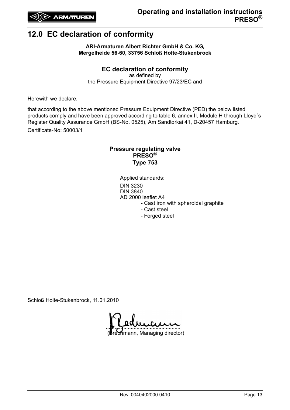 0 ec declaration of conformity, Operating and installation instructions preso | ARI Armaturen PRESO EN User Manual | Page 13 / 13