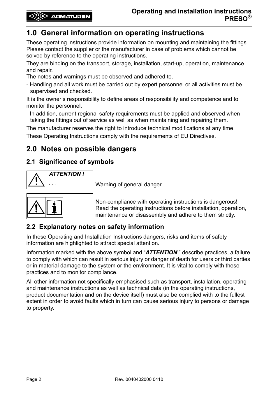0 general information on operating instructions, 0 notes on possible dangers, 1 significance of symbols | 2 explanatory notes on safety information, 0 general information on operating, Instructions | ARI Armaturen PRESO EN User Manual | Page 2 / 13