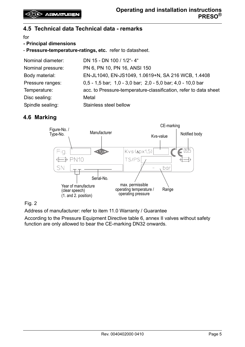 5 technical data technical data - remarks, 6 marking, Operating and installation instructions preso | ARI Armaturen PRESO EN User Manual | Page 5 / 13
