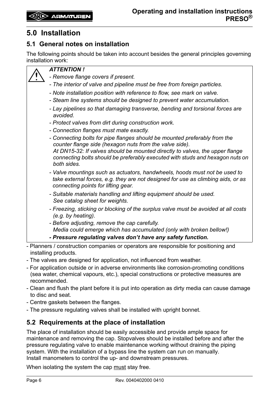 0 installation, 1 general notes on installation, 2 requirements at the place of installation | ARI Armaturen PRESO EN User Manual | Page 6 / 13