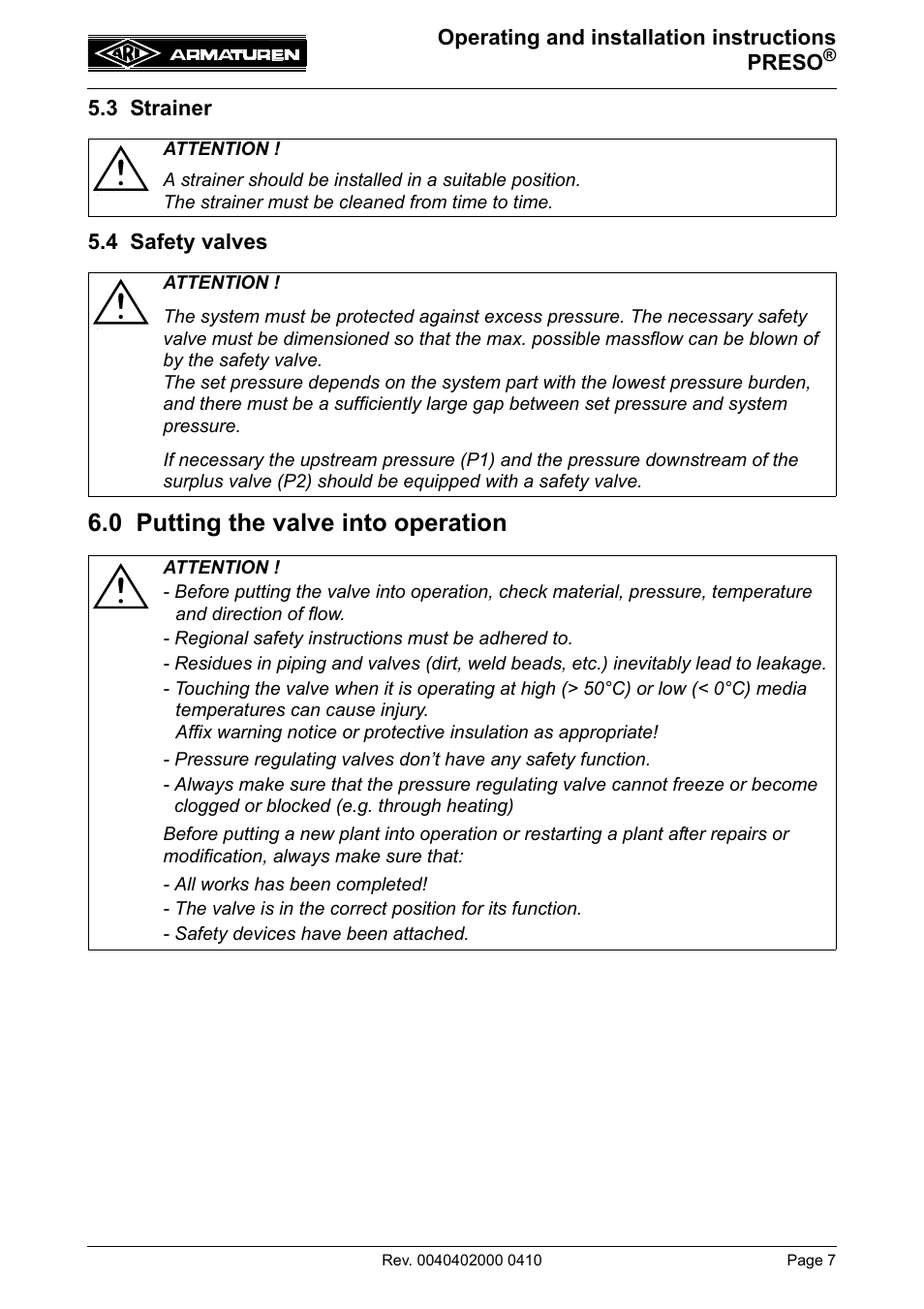 3 strainer, 4 safety valves, 0 putting the valve into operation | Operating and installation instructions preso, 3 strainer 5.4 safety valves | ARI Armaturen PRESO EN User Manual | Page 7 / 13