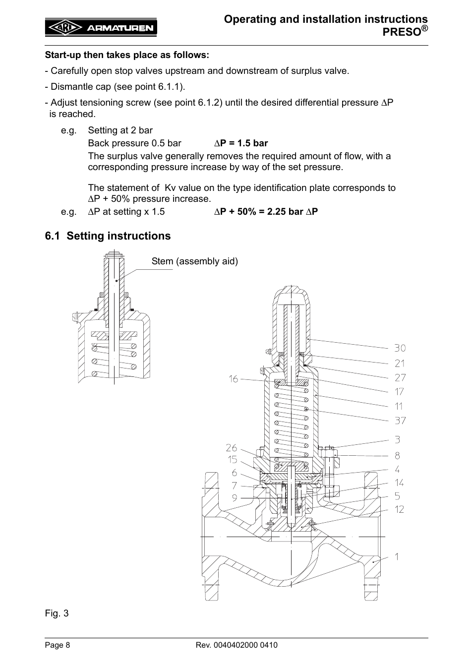 1 setting instructions | ARI Armaturen PRESO EN User Manual | Page 8 / 13