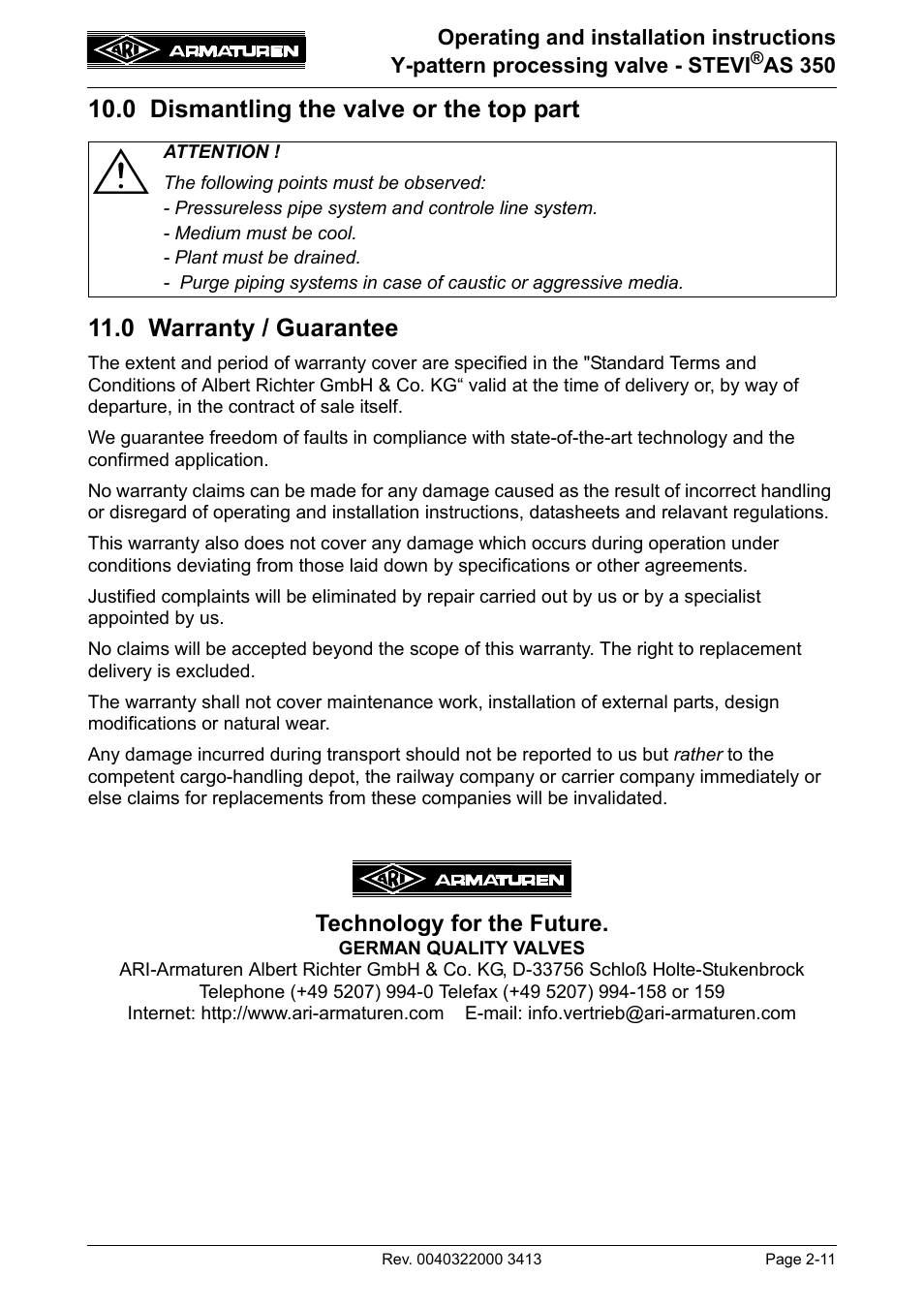 0 dismantling the valve or the top part, 0 warranty / guarantee, Read item 10.0 and 11.0 prior | Technology for the future | ARI Armaturen STEVI AS 350 DN15-50 EN User Manual | Page 11 / 13